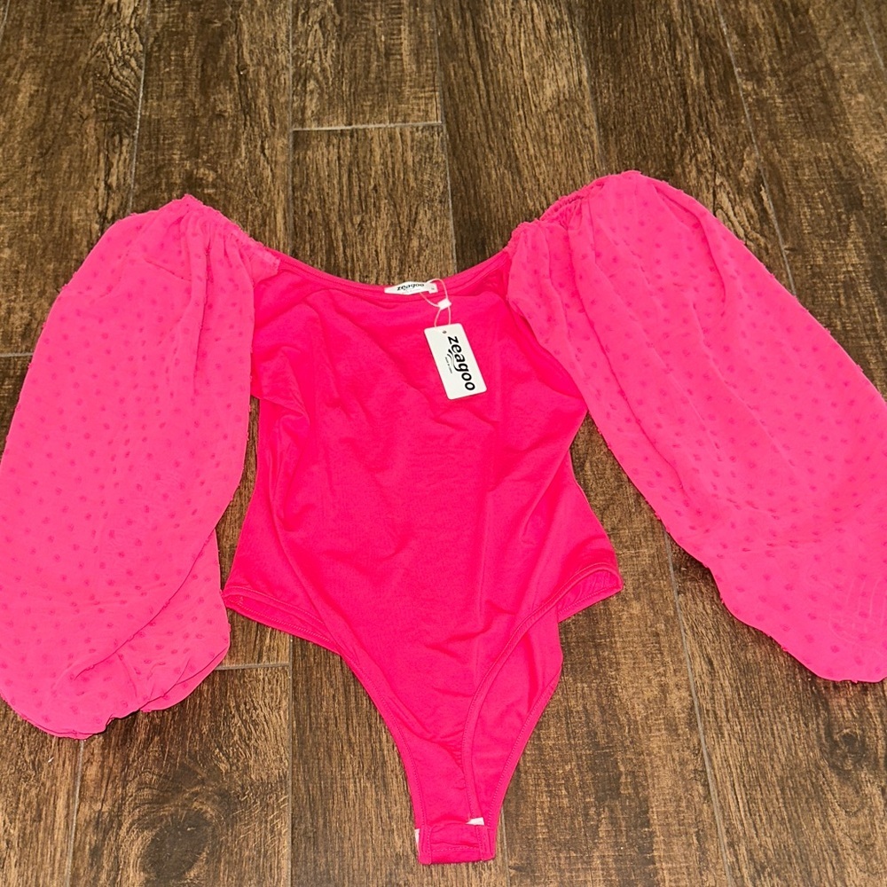 Zeagoo Fuchsia Bodysuit Top NWT | Sheer Puff Sleeve Pink Medium